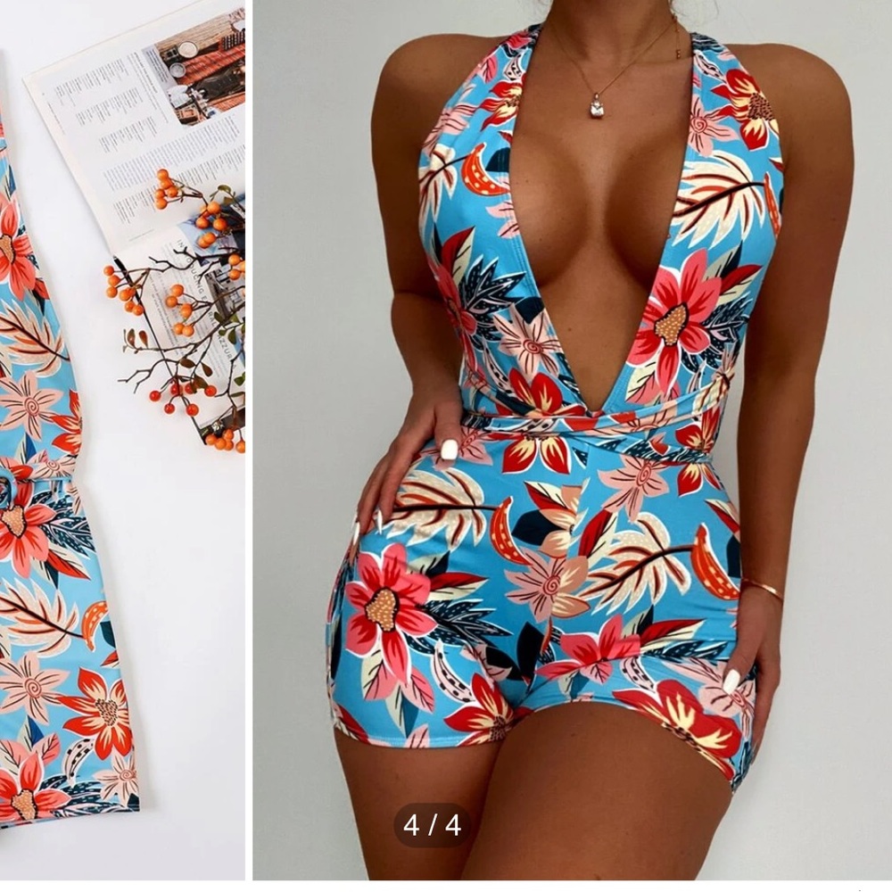 Floral Plunging Criss Cross One Piece Swimsuit